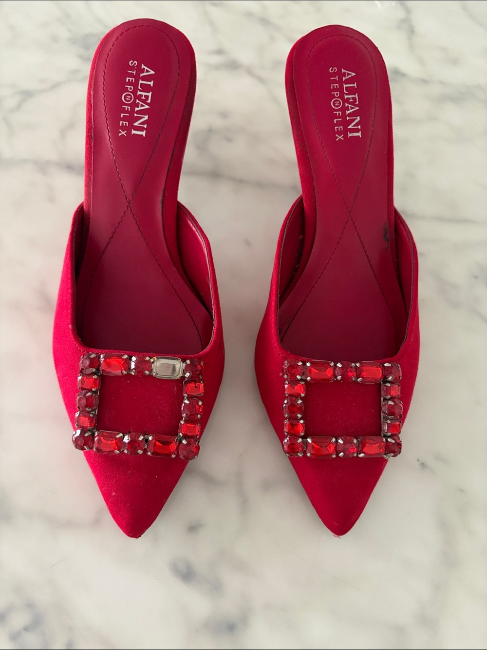 Alfani Red Pointed-Toe Jeweled Buckle Mules